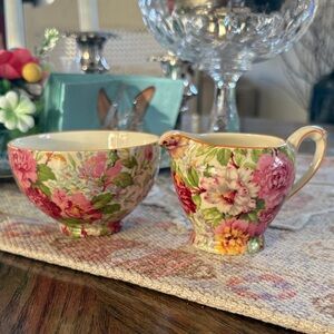 Floral Porcelain Creamer and Sugar Bowl - Pink Green Floral
